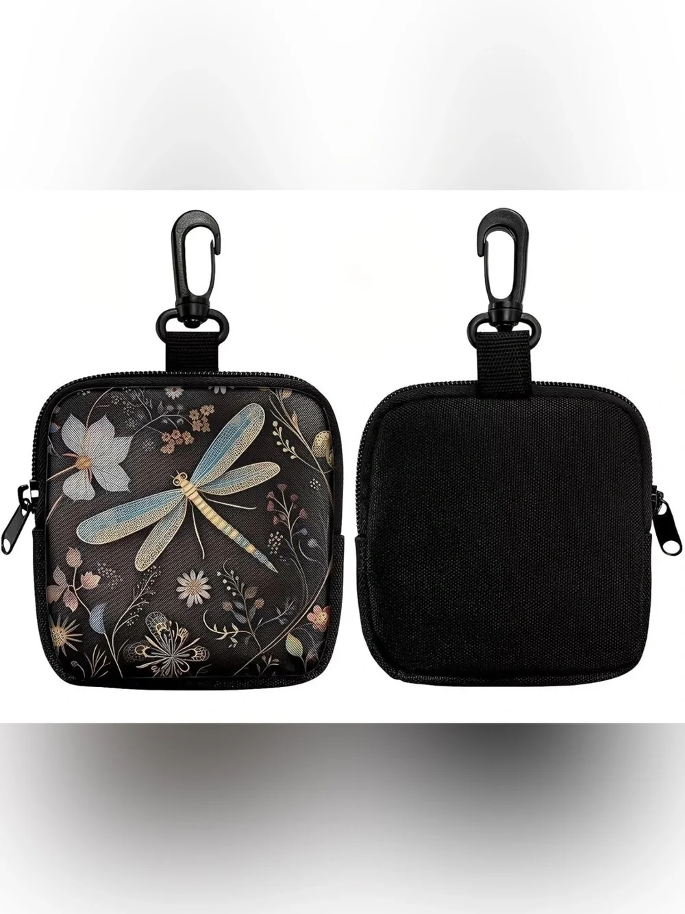 Dragonfly Floral Clip-On Cosmetic Pouch - Black